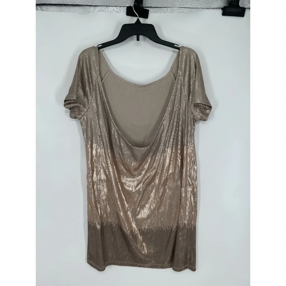 Free‎ People Top Women S  Golden Satin Sequin Embellished Short Sleeve Draped